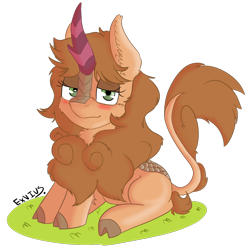 Size: 1004x1008 | Tagged: safe, artist:exvius, imported from derpibooru, oc, unnamed oc, kirin, brown mane, cloven hooves, grass, green eyes, kirin oc, prone, simple background, transparent background