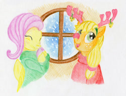 Size: 1280x971 | Tagged: safe, artist:maximanxd, imported from derpibooru, applejack, fluttershy, pony, appleshybomb, appleshy, christmas, clothes, female, holiday, lesbian, shipping, simple background, sweater