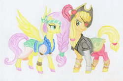 Size: 1280x843 | Tagged: safe, artist:maximanxd, imported from derpibooru, applejack, fluttershy, pony, appleshybomb, my little pony: the movie, appleshy, eyepatch, female, lesbian, looking at each other, pirate, shipping, simple background