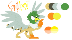 Size: 889x499 | Tagged: safe, artist:latiapainting, imported from derpibooru, oc, oc only, oc:gilbert, cheetah, duck, griffon, derp, griffon oc, heterochromia, reference, reference sheet, solo