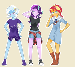 Size: 3281x2950 | Tagged: safe, artist:noahther, imported from derpibooru, starlight glimmer, sunset shimmer, trixie, equestria girls, beanie, boots, clothes, converse, counterparts, hat, legs, looking at you, magical trio, new outfit, one eye closed, shirt, shoes, shorts, simple background, smiling, sneakers, trio, twilight's counterparts, wink