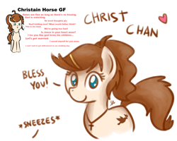 Size: 1280x1024 | Tagged: safe, artist:anonymous, artist:otherdrawfag, artist:sugar morning, imported from derpibooru, oc, oc only, oc:christ chan, dove, earth pony, pony, christianity, cross, dove of peace, female, girlfriend, hairpin, heart, ideal gf, jewelry, mare, meme, necklace, ponified, religion, religious focus, simple background, solo, waifu