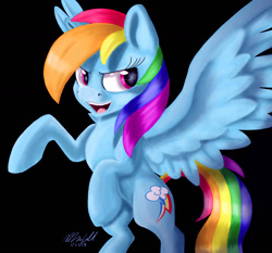 Size: 1397x1300 | Tagged: safe, artist:mcmeg29, imported from derpibooru, rainbow dash, pegasus, pony, black background, female, mare, open mouth, signature, simple background, solo