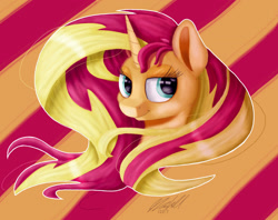 Size: 1348x1067 | Tagged: safe, artist:mcmeg29, imported from derpibooru, sunset shimmer, pony, unicorn, bust, female, mare, signature, smiling, solo, striped background