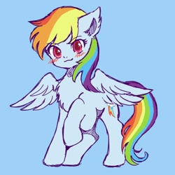 Size: 500x500 | Tagged: safe, artist:tsukuda, imported from derpibooru, rainbow dash, pegasus, pony, blue background, blushing, chest fluff, female, looking at you, mare, raised hoof, simple background, smiling, solo