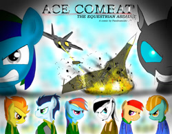 Size: 1024x794 | Tagged: dead source, safe, artist:pandramodo, imported from derpibooru, lightning dust, rainbow dash, soarin', spitfire, oc, oc:dark rainbow, changeling, pony, ace combat, aircraft, cover art, explosion, female, fire, male, plane crash, raindark, shipping, shooting, soarindash, straight