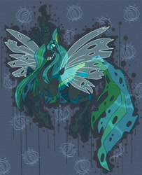 Size: 1111x1365 | Tagged: safe, artist:aftermath-bee, imported from derpibooru, queen chrysalis, changeling, changeling queen, abstract background, evil grin, fangs, female, grin, mare, smiling, solo, spread wings, wings