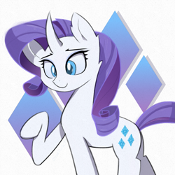 Size: 1359x1359 | Tagged: safe, artist:deafpunk, imported from derpibooru, rarity, pony, unicorn, curved horn, cutie mark background, ear fluff, female, mare, raised hoof, simple background, smiling, solo