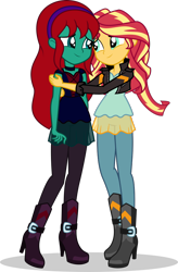 Size: 656x998 | Tagged: safe, artist:mlp-trailgrazer, imported from derpibooru, sunset shimmer, oc, oc:harmony dancer, equestria girls, clothes, equestria girls-ified, hug, jacket, leather jacket, pants, simple background, transparent background, vector