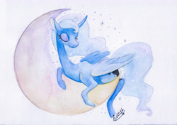 Size: 4989x3511 | Tagged: safe, artist:getchanoodlewet, imported from derpibooru, princess luna, alicorn, pony, eyes closed, female, folded wings, lying, mare, moon, solo, stars, tangible heavenly object, traditional art