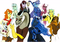 Size: 6822x4770 | Tagged: safe, artist:hispurpleness, imported from derpibooru, carrot top, cheerilee, derpy hooves, discord, ditzy doo, golden harvest, lyra heartstrings, princess luna, sunshower raindrops, trixie, oc, oc:dyno, oc:shining spark, anthro, fanfic:fall of starfleet rise of harmony, absurd resolution, flag, flag waving, lunaverse, staff