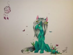 Size: 1024x768 | Tagged: safe, artist:scootiegp, imported from derpibooru, oc, oc only, butterfly, pony, dreamcatcher, female, flower, grass, jewelry, leaf, leaves, looking up, necklace, plant, simple background, solo, traditional art, white background