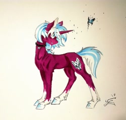 Size: 1024x971 | Tagged: safe, artist:scootiegp, imported from derpibooru, butterfly, pony, unicorn, choker, female, heart, jewelry, looking back, magic, necklace, signature, simple background, solo, standing, traditional art, white background
