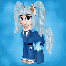 Size: 2160x2160 | Tagged: safe, artist:romablueberry, imported from derpibooru, pony, unicorn, clothes, fangs, female, mare, necktie, pigtails, ponified, roskomnadzor, solo