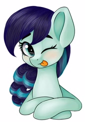 Size: 1474x2160 | Tagged: safe, artist:romablueberry, imported from derpibooru, coloratura, earth pony, pony, :p, bust, crossed hooves, cute, female, mare, one eye closed, rara, rarabetes, simple background, solo, tongue out, white background, wink