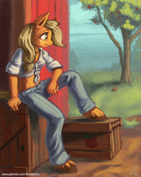 Size: 960x1200 | Tagged: safe, artist:lexx2dot0, imported from derpibooru, applejack, anthro, earth pony, unguligrade anthro, apple, apple tree, barn, belly button, clothes, crate, female, food, front knot midriff, midriff, solo, tree