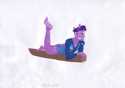 Size: 5504x3882 | Tagged: safe, artist:troticon, derpibooru exclusive, imported from derpibooru, twilight sparkle, alicorn, anthro, plantigrade anthro, balance beam, clothes, feet, female, fetish, folded wings, foot fetish, gymnast, gymnast outfit, gymnastics, leotard, on stomach, prone, simple background, smiling, solo, twilight sparkle (alicorn), white background