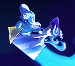 Size: 687x601 | Tagged: safe, artist:maren, imported from derpibooru, starlight glimmer, trixie, pony, unicorn, cape, clothes, duo, female, floppy ears, guardians of harmony, hat, mare, rocket, sitting, smiling, stars, that was fast, toy, toy interpretation, trixie's cape, trixie's hat, trixie's rocket