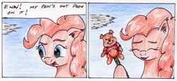 Size: 2219x1025 | Tagged: safe, artist:40kponyguy, derpibooru exclusive, imported from derpibooru, pinkie pie, earth pony, pony, comic, ear fluff, eyes closed, female, laughing, pen, pooh, pun, solo, traditional art, winnie the pooh