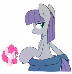 Size: 1992x2048 | Tagged: safe, artist:akainu_pony, imported from derpibooru, maud pie, pinkie pie, earth pony, pony, bipedal, clothes, duo, female, looking back, mare, open mouth, shocked, shocked expression, simple background, sisters, undressing, we don't normally wear clothes, white background