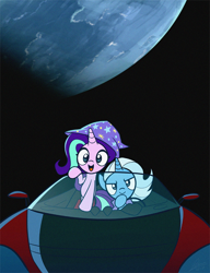 Size: 540x704 | Tagged: safe, artist:dori-to, imported from derpibooru, starlight glimmer, trixie, pony, unicorn, accessory swap, c:, car, clothes, cute, diatrixes, driving, duo, duo female, earth, elon musk, female, glare, glim, glim glam, glimmerbetes, glimmy, hat, how, lidded eyes, looking at you, mare, open mouth, orbit, planet, roadster, rocket, smiling, smirk, song in the comments, space, space tesla, spacex, starman, sweet dreams fuel, tesla, tesla roadster, toy interpretation, trixie's hat, trixie's rocket, wat