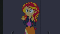 Size: 800x450 | Tagged: safe, edit, edited screencap, imported from derpibooru, screencap, sunset shimmer, comic:a new change, equestria girls, rainbow rocks, bad edit, female, nervous, pregnant, pregnant edit, solo, teen pregnancy