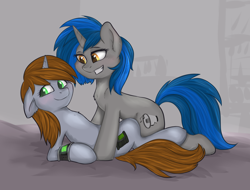 Size: 1882x1429 | Tagged: safe, artist:haruhi-il, imported from derpibooru, oc, oc:homage, oc:littlepip, pony, unicorn, fallout equestria, bed, duo, fanfic, fanfic art, female, floppy ears, hooves, horn, lesbian, mare, oc x oc, pipbuck, pipmage, shipping, smiling, teeth