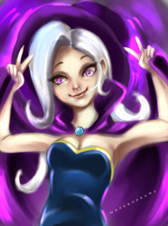 Size: 716x960 | Tagged: safe, artist:bunsogen, imported from derpibooru, trixie, human, armpits, breasts, cape, cleavage, clothes, dress, female, hat, humanized, peace sign, smiling, solo, trixie's cape, trixie's hat