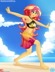 Size: 2300x3000 | Tagged: safe, artist:minusclass, imported from derpibooru, sunset shimmer, equestria girls, equestria girls series, forgotten friendship, ankles, armpits, barefoot, beach, belly button, clothes, cute, feet, female, moe, ocean, patreon, patreon logo, sand, sarong, skirt, solo, swimsuit