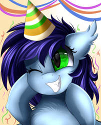 Size: 1424x1764 | Tagged: safe, artist:pridark, imported from derpibooru, oc, oc only, oc:blue bat, bat pony, pony, bat pony oc, birthday, bust, chest fluff, commission, cute, green eyes, hat, ocbetes, party hat, portrait, solo