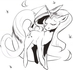 Size: 1280x1234 | Tagged: safe, artist:imsokyo, imported from derpibooru, moondancer, pony, unicorn, black and white, bow, female, grayscale, lidded eyes, mare, monochrome, solo, tail bow