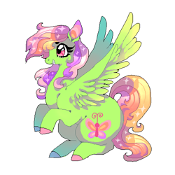 Size: 500x500 | Tagged: safe, artist:njeekyo, imported from derpibooru, fluttershy, rainbow dash, butterfly, pegasus, pony, female, fusion, rearing, simple background, solo, unshorn fetlocks, white background