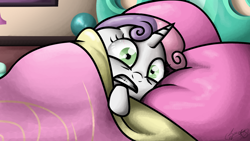 Size: 1600x900 | Tagged: safe, artist:zsparkonequus, imported from derpibooru, sweetie belle, pony, unicorn, bed, bedsheets, female, filly, panic, pillow, scene interpretation, solo