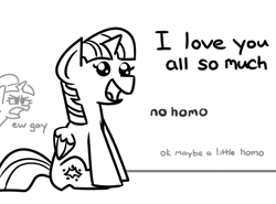 Size: 540x400 | Tagged: safe, artist:glimglam, imported from derpibooru, starlight glimmer, twilight sparkle, alicorn, pony, unicorn, beady eyes, ew gay, female, grayscale, homophobia, mare, monochrome, no homo, simple background, sitting, smiling, straightlight glimmer, twilight sparkle (alicorn), white background