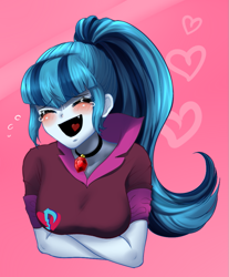 Size: 783x947 | Tagged: safe, artist:rileyav, imported from derpibooru, sonata dusk, equestria girls, bust, crossed arms, crying, eyes closed, fangs, female, gem, heart, laughing, siren gem, solo, tears of laughter