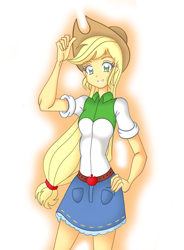 Size: 1800x2449 | Tagged: safe, artist:grandzebulon, imported from derpibooru, applejack, equestria girls, belt, clothes, cowboy hat, cute, denim skirt, female, freckles, hand on hip, hat, looking at you, simple background, skinny, skirt, smiling, solo, stetson