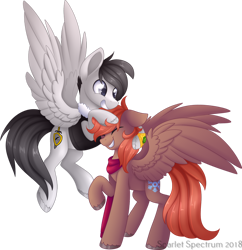 Size: 1024x1059 | Tagged: safe, artist:scarlet-spectrum, imported from derpibooru, oc, oc only, oc:silver wing, oc:winterlight, pegasus, pony, clothes, duo, eyes closed, flying, scarf, simple background, transparent background