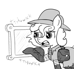 Size: 640x600 | Tagged: safe, artist:ficficponyfic, imported from derpibooru, oc, oc only, oc:lockepicke, cyoa:the wizard of logic tower, bag, bolt, boots, clothes, coat, cyoa, hat, hitting, leg wraps, mirror, monochrome, shoes, story included