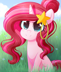 Size: 3375x3974 | Tagged: safe, artist:fluffymaiden, imported from derpibooru, oc, oc only, oc:neophyte, pony, unicorn, cute, female, grass, heart eyes, mare, sitting, smiling, solo, wingding eyes