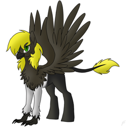 Size: 1080x1080 | Tagged: safe, imported from derpibooru, oc, oc only, oc:varis kaisareia sundown, classical hippogriff, hippogriff, hybrid, blonde, cute, female, interspecies offspring, offspring, simple background, smiling, solo, spread wings, standing, sundown clan, talons, white background, wings