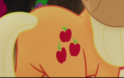 Size: 360x227 | Tagged: safe, imported from derpibooru, screencap, applejack, pinkie pie, spike, my little pony: the movie, applebutt, butt, cropped, cutie mark, featureless crotch, plot