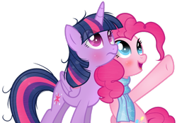 Size: 1024x712 | Tagged: safe, artist:xmelodyskyx, imported from derpibooru, pinkie pie, twilight sparkle, alicorn, pony, base used, blushing, clothes, cutie mark, folded wings, frizzy hair, looking up, open mouth, scarf, simple background, transparent background, twilight sparkle (alicorn), wrong eye color, x x everywhere