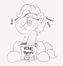 Size: 1280x1336 | Tagged: safe, artist:pabbley, imported from derpibooru, pinkie pie, earth pony, pony, 30 minute art challenge, eating, eyes closed, female, food, mare, monochrome, open mouth, sitting, snack, solo