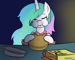 Size: 1000x800 | Tagged: safe, artist:empyu, imported from derpibooru, princess celestia, pony, 30 minute art challenge, clothes, eating, eyes closed, female, food, mare, messy eating, missing accessory, nom, pie, puffy cheeks, solo