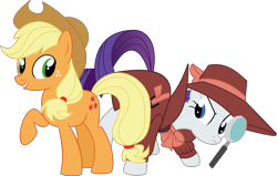 Size: 2557x1625 | Tagged: safe, artist:digimonlover101, artist:shootingstarsentry, imported from derpibooru, applejack, rarity, clothes, cowboy hat, detective, detective rarity, freckles, hat, magnifying glass, raised hoof, simple background, stetson, transparent background