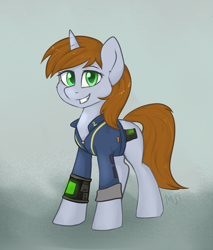 Size: 1240x1454 | Tagged: safe, artist:haruhi-il, imported from derpibooru, oc, oc only, oc:littlepip, pony, unicorn, fallout equestria, clothes, cutie mark, fanfic, fanfic art, female, gray background, green eyes, hooves, horn, jumpsuit, mare, pipbuck, simple background, smiling, solo, teeth, vault suit