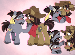 Size: 2978x2207 | Tagged: safe, artist:pilssken, imported from derpibooru, earth pony, pegasus, pony, blushing, clothes, facial hair, gay, gradient background, hanzo, jesse mccree, kissing, male, overwatch, ponified, shipping, stallion, unshorn fetlocks