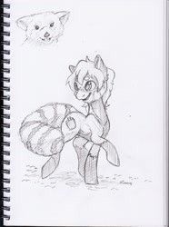 Size: 1841x2479 | Tagged: safe, artist:dilarus, deleted from derpibooru, imported from derpibooru, pony, red panda, cutie mark, grayscale, monochrome, ponified, raised hoof, signature, simple background, sketch, smiling, solo, traditional art, walking