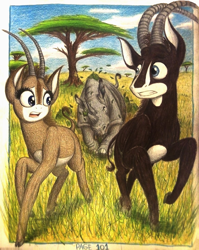 Size: 1080x1356 | Tagged: safe, artist:thefriendlyelephant, imported from derpibooru, oc, oc only, oc:grumpy the rhino, oc:sabe, oc:uganda, antelope, giant sable antelope, rhinoceros, comic:sable story, acacia tree, africa, angry, animal in mlp form, black rhinoceros, bush, chase, cloven hooves, comic, dust, grass, hill, horns, leaves, perspective, rampage, running, savanna, scared, traditional art