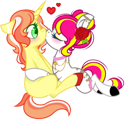 Size: 912x878 | Tagged: safe, artist:angelamusic13, imported from derpibooru, oc, oc only, oc:cinnamon bun, oc:mercy, earth pony, pony, unicorn, female, kissing, lesbian, mare, simple background, transparent background